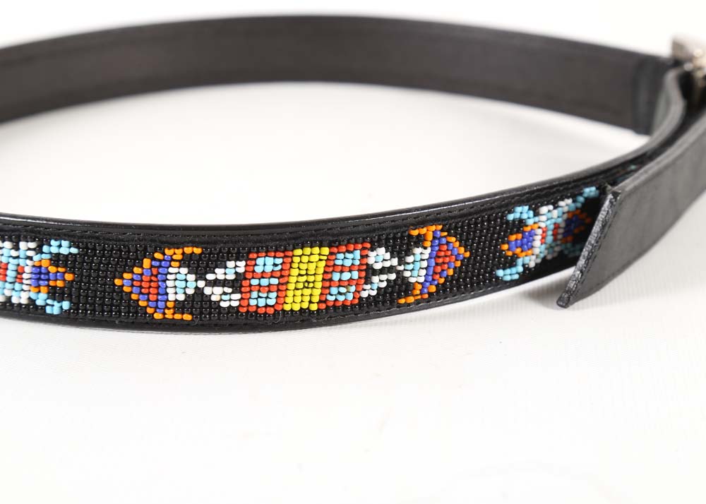 Southwestern Style Beaded Black Leather Belt