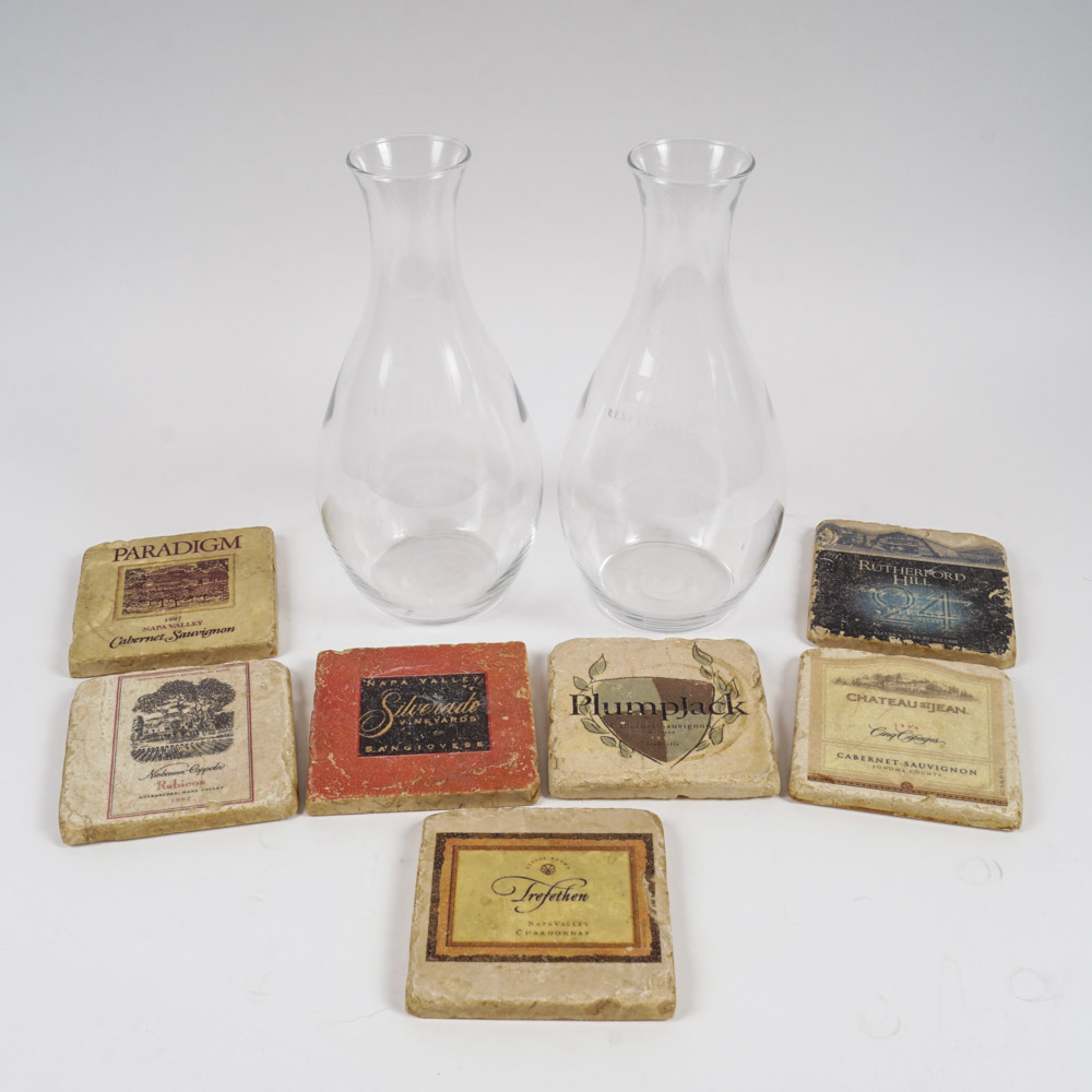 Wine Label Coasters and Wine Carafes