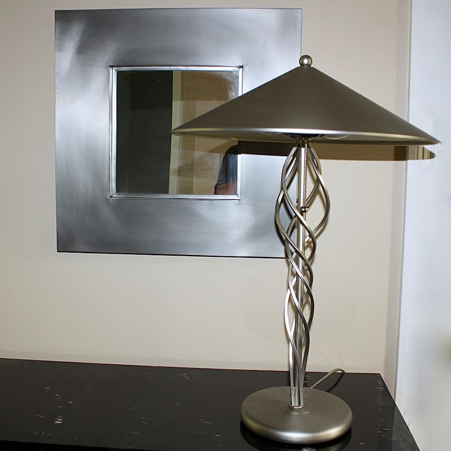 Brushed Stainless Wall Mirror & Table Lamp
