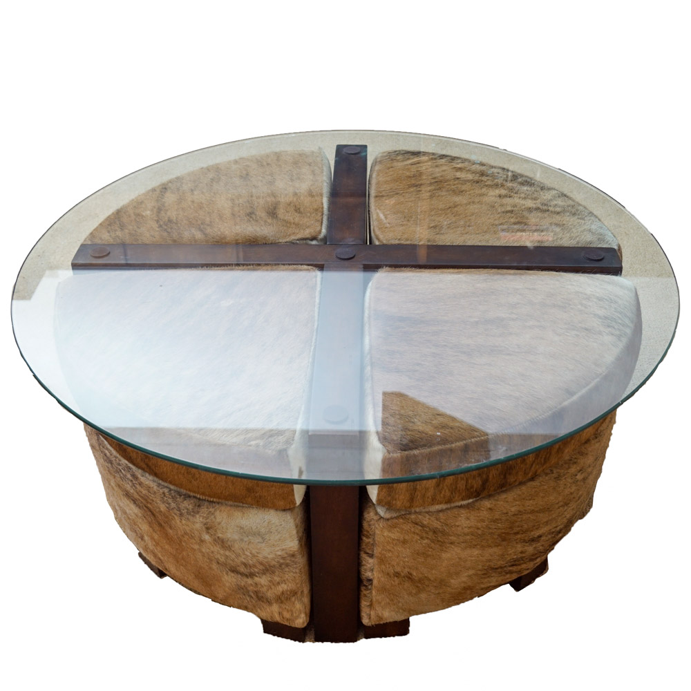 Glass Coffee Table with Cowhide Upholstered Stools by Creative Leather Furniture