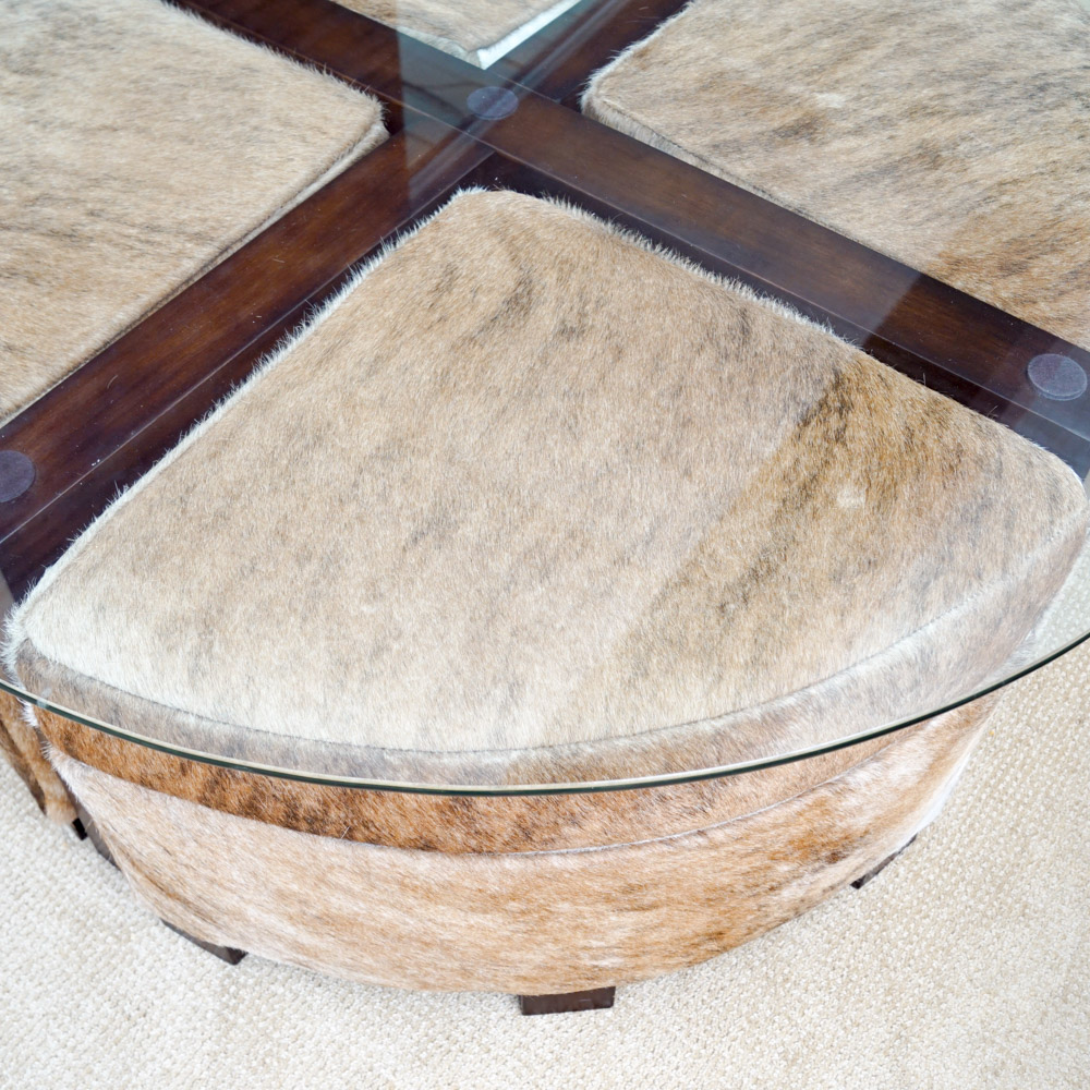 Glass Coffee Table with Cowhide Upholstered Stools by Creative Leather Furniture