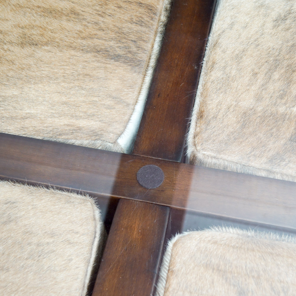 Glass Coffee Table with Cowhide Upholstered Stools by Creative Leather Furniture