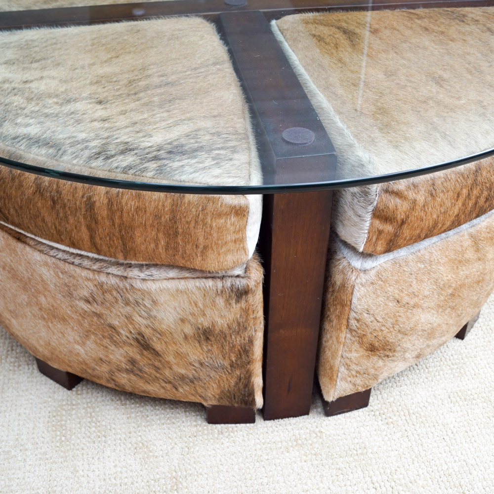 Glass Coffee Table with Cowhide Upholstered Stools by Creative Leather Furniture