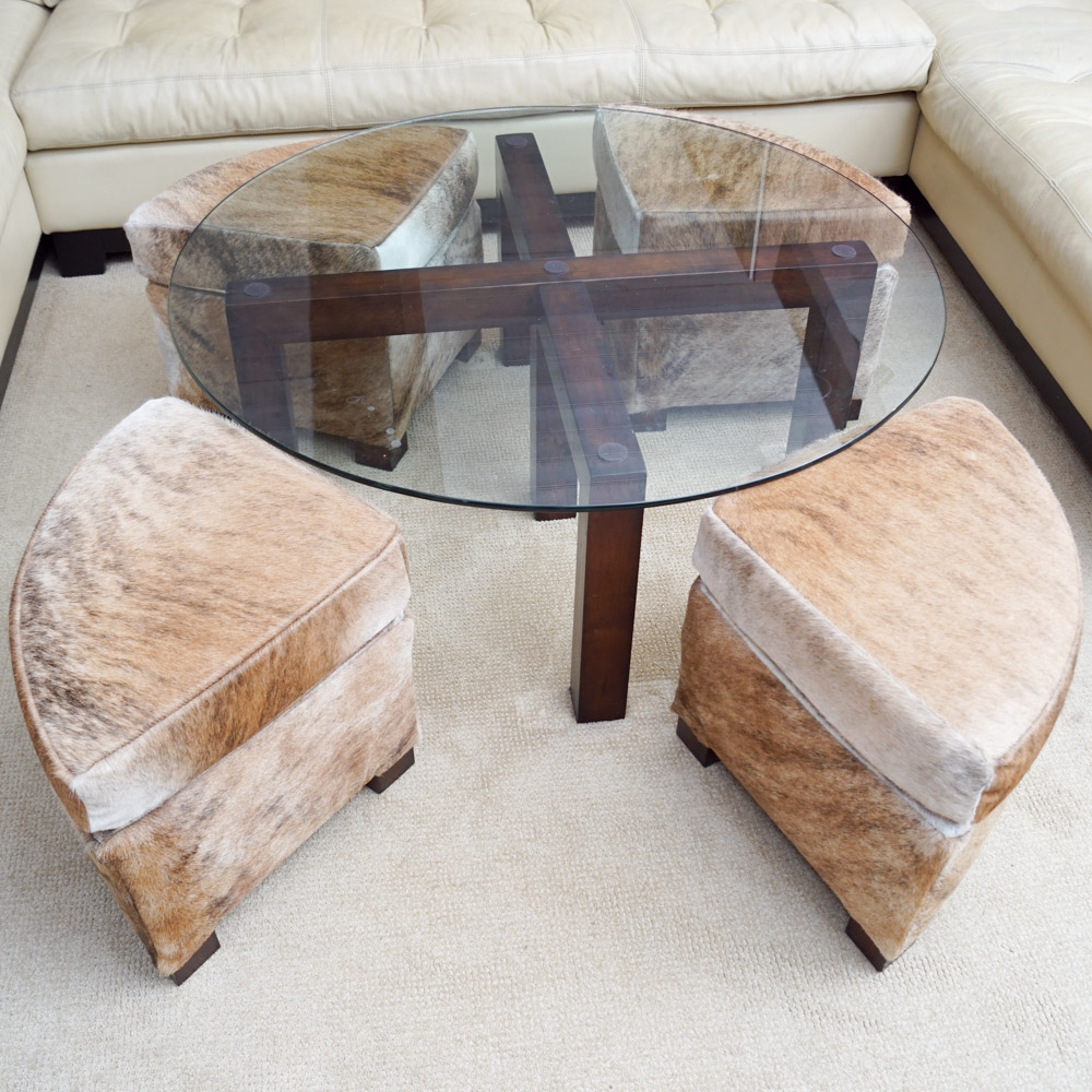 Glass Coffee Table with Cowhide Upholstered Stools by Creative Leather Furniture