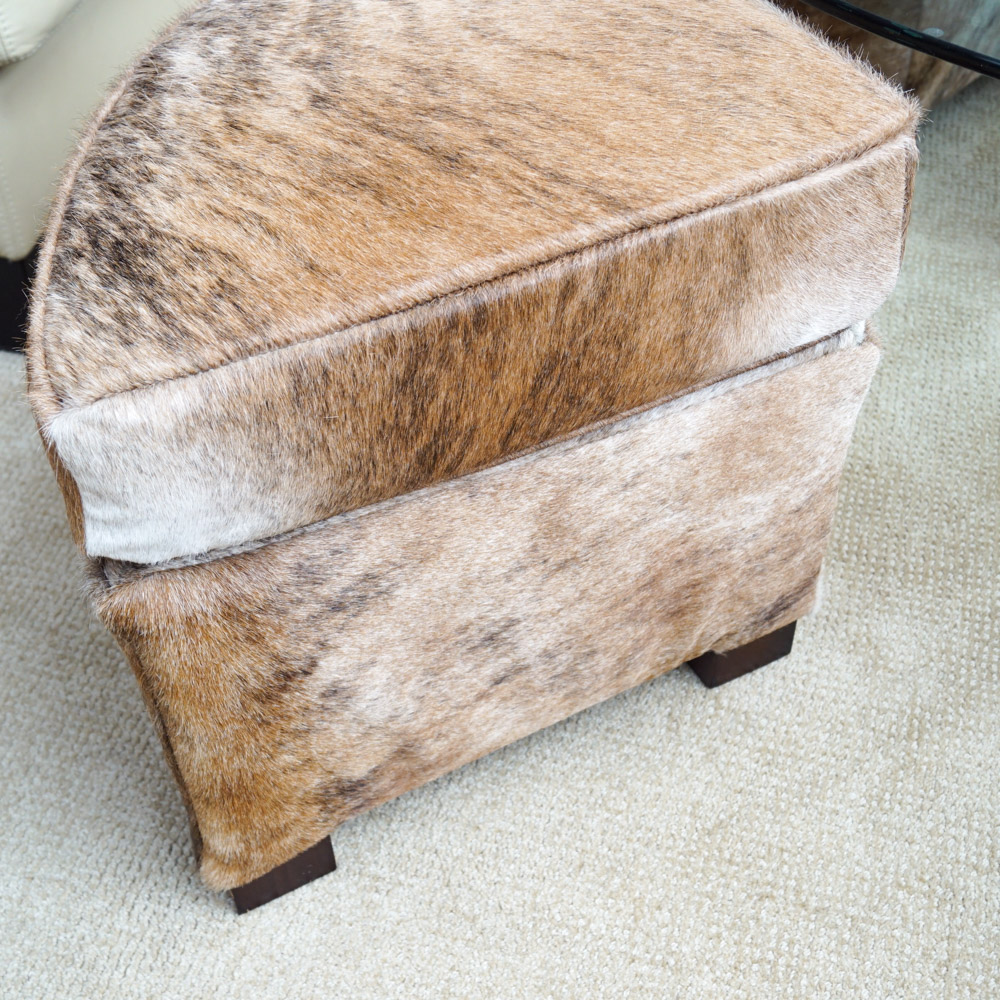 Glass Coffee Table with Cowhide Upholstered Stools by Creative Leather Furniture