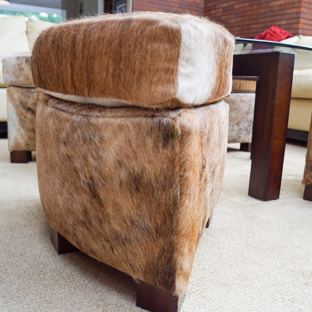 Glass Coffee Table with Cowhide Upholstered Stools by Creative Leather Furniture