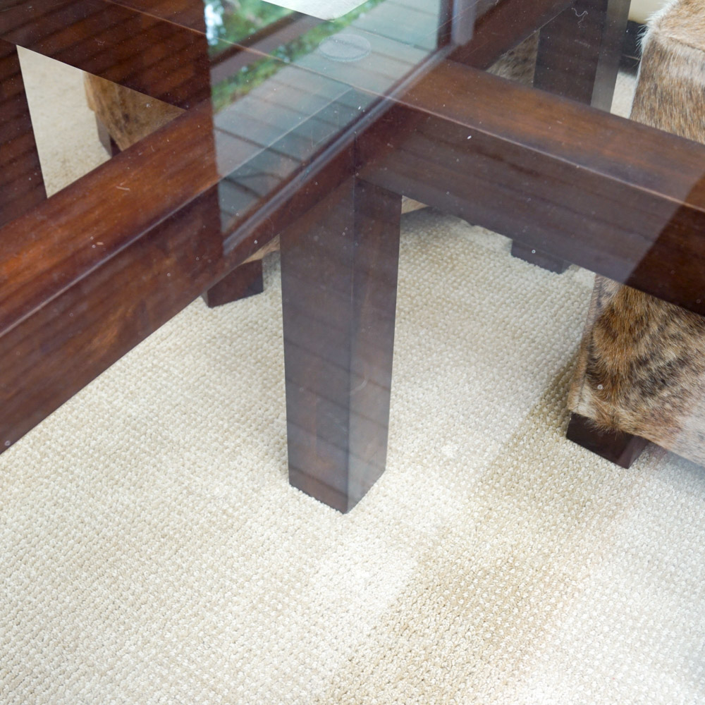 Glass Coffee Table with Cowhide Upholstered Stools by Creative Leather Furniture