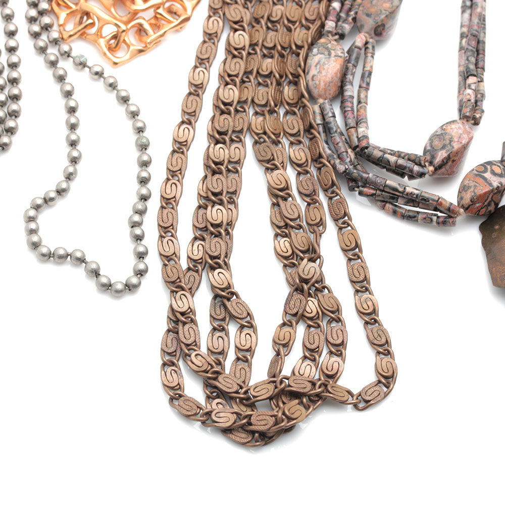 Assortment of Costume Necklaces Including Tiger's Eye, Carnelian, and Jasper