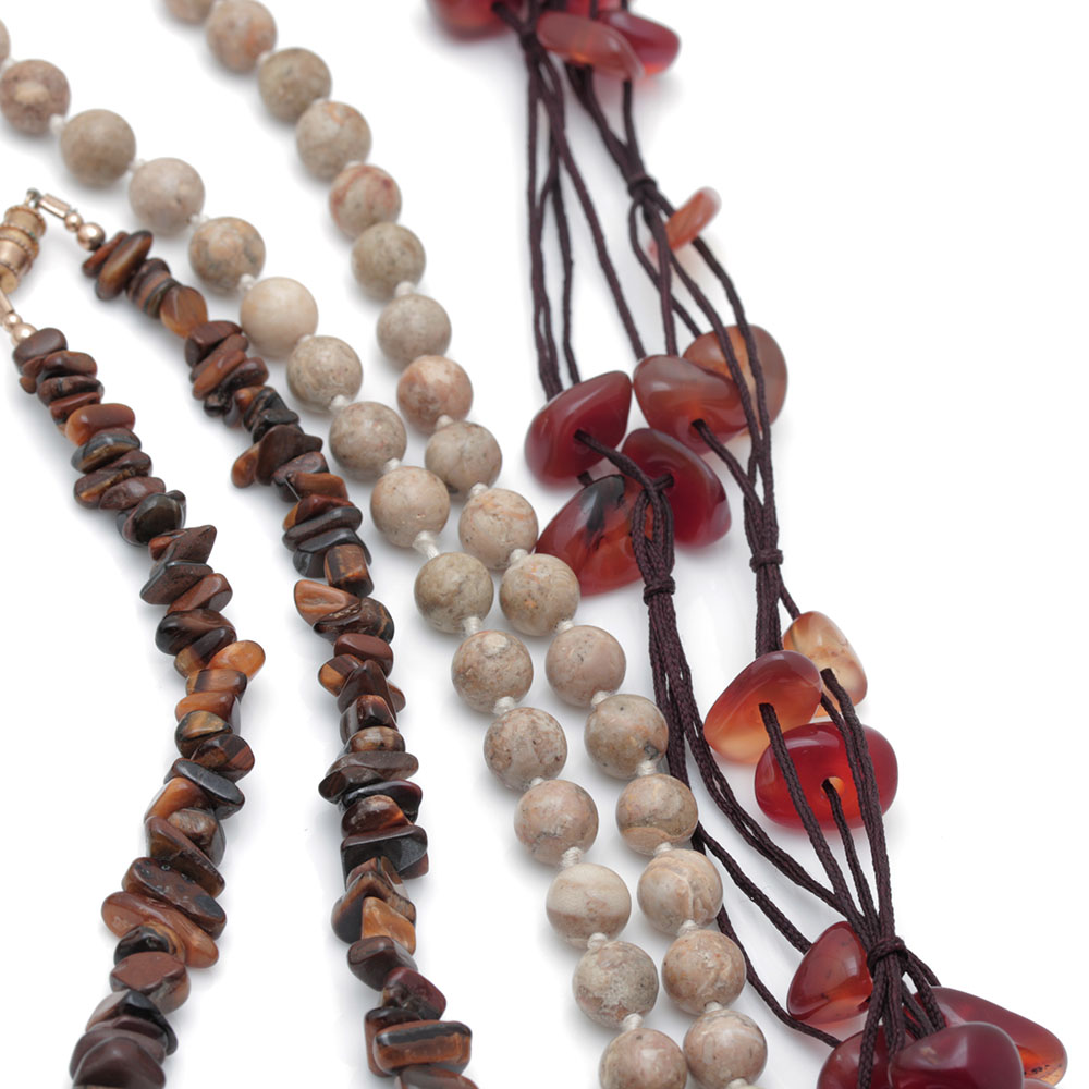 Assortment of Costume Necklaces Including Tiger's Eye, Carnelian, and Jasper