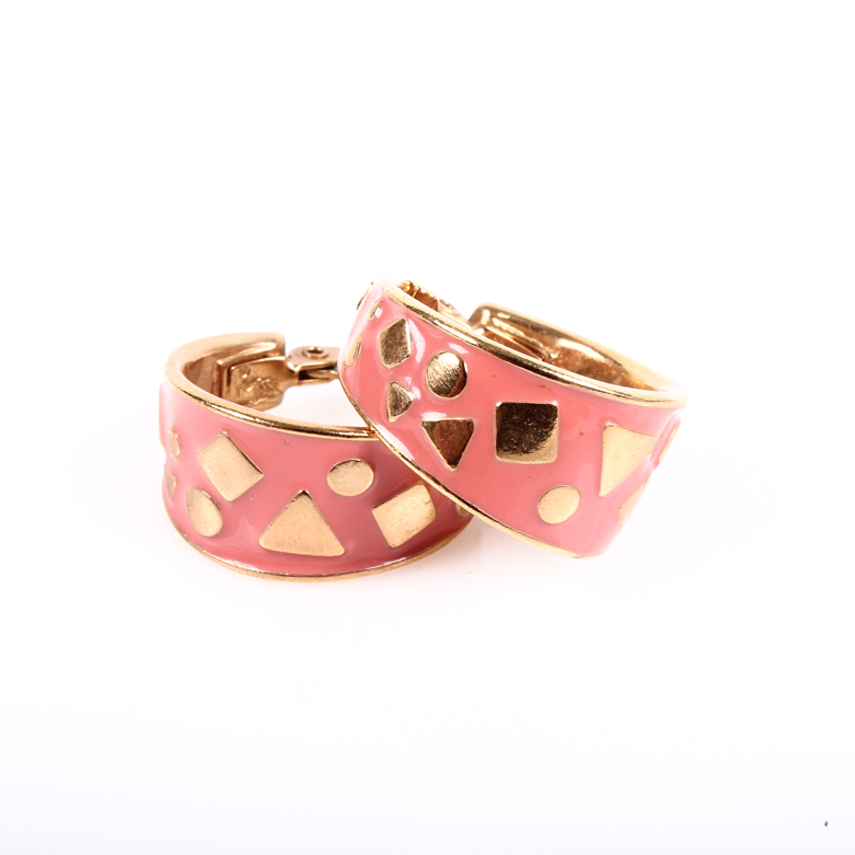 Vintage Yves Saint Laurent Coral Enamel Hoop Earrings