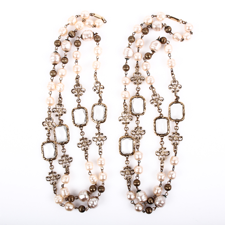 Pair of Duplaise Faux Pearl Opera Length Costume Necklaces