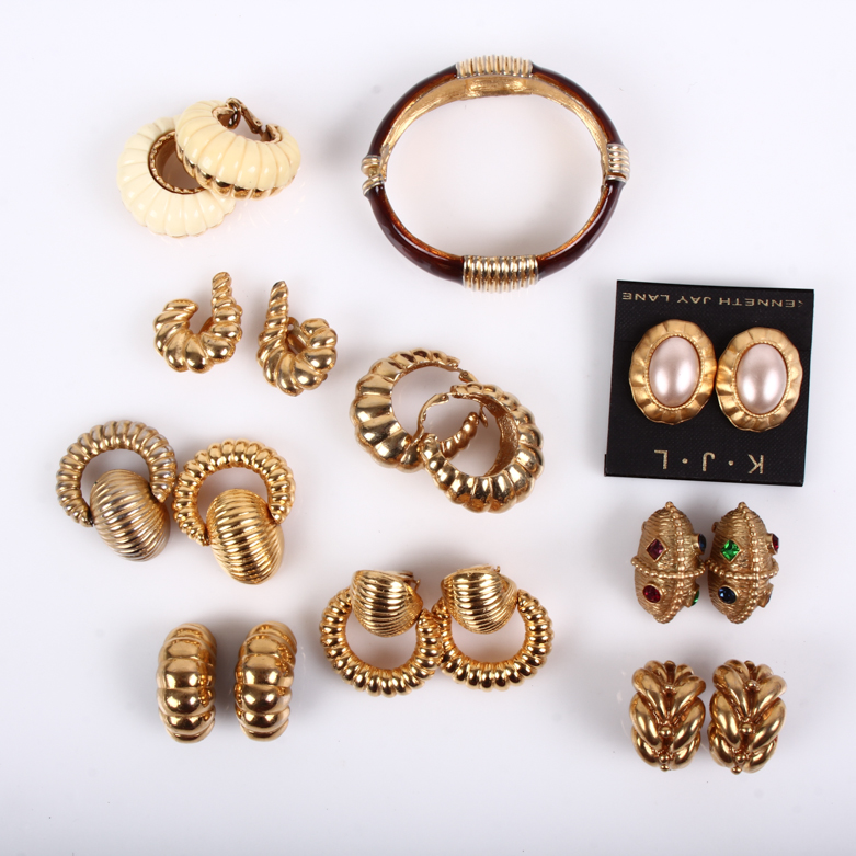 Assortment of Vintage Kenneth Jay Lane Gold-Tone Costume Earrings with Bangle