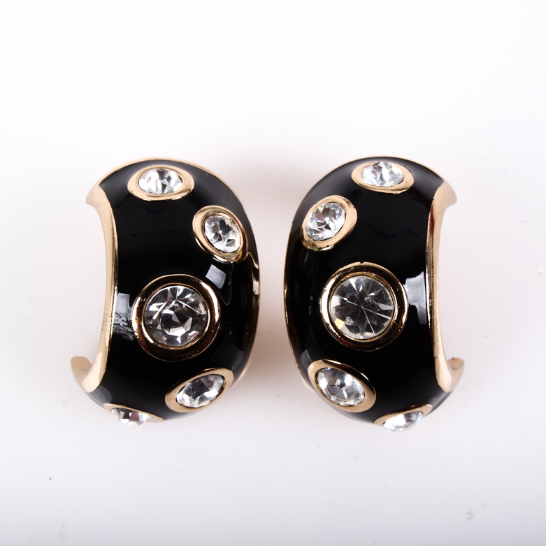 Christian Dior Black Enamel and Rhinestone Costume Earrings