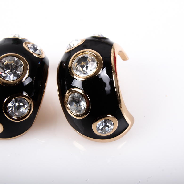 Christian Dior Black Enamel and Rhinestone Costume Earrings