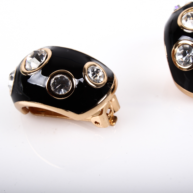 Christian Dior Black Enamel and Rhinestone Costume Earrings