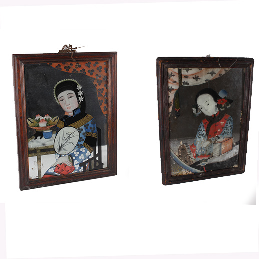 Pair of Antique Chinese Reverse Glass Portrait Paintings