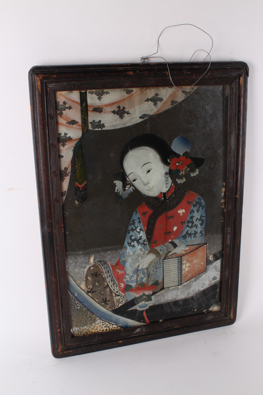 Pair of Antique Chinese Reverse Glass Portrait Paintings
