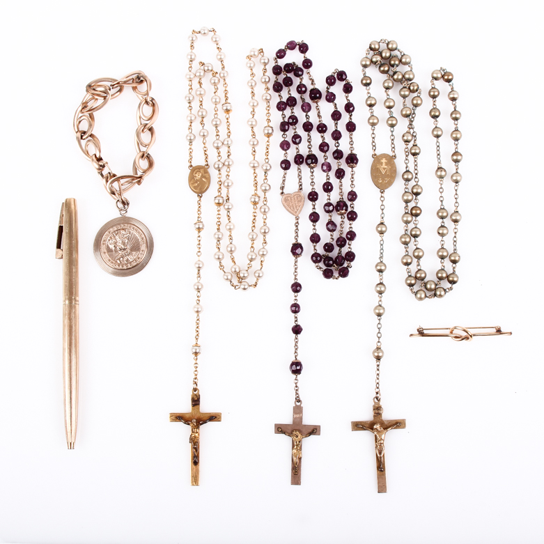 Assortment of Vintage Gold Filled Accessories Including Rosaries