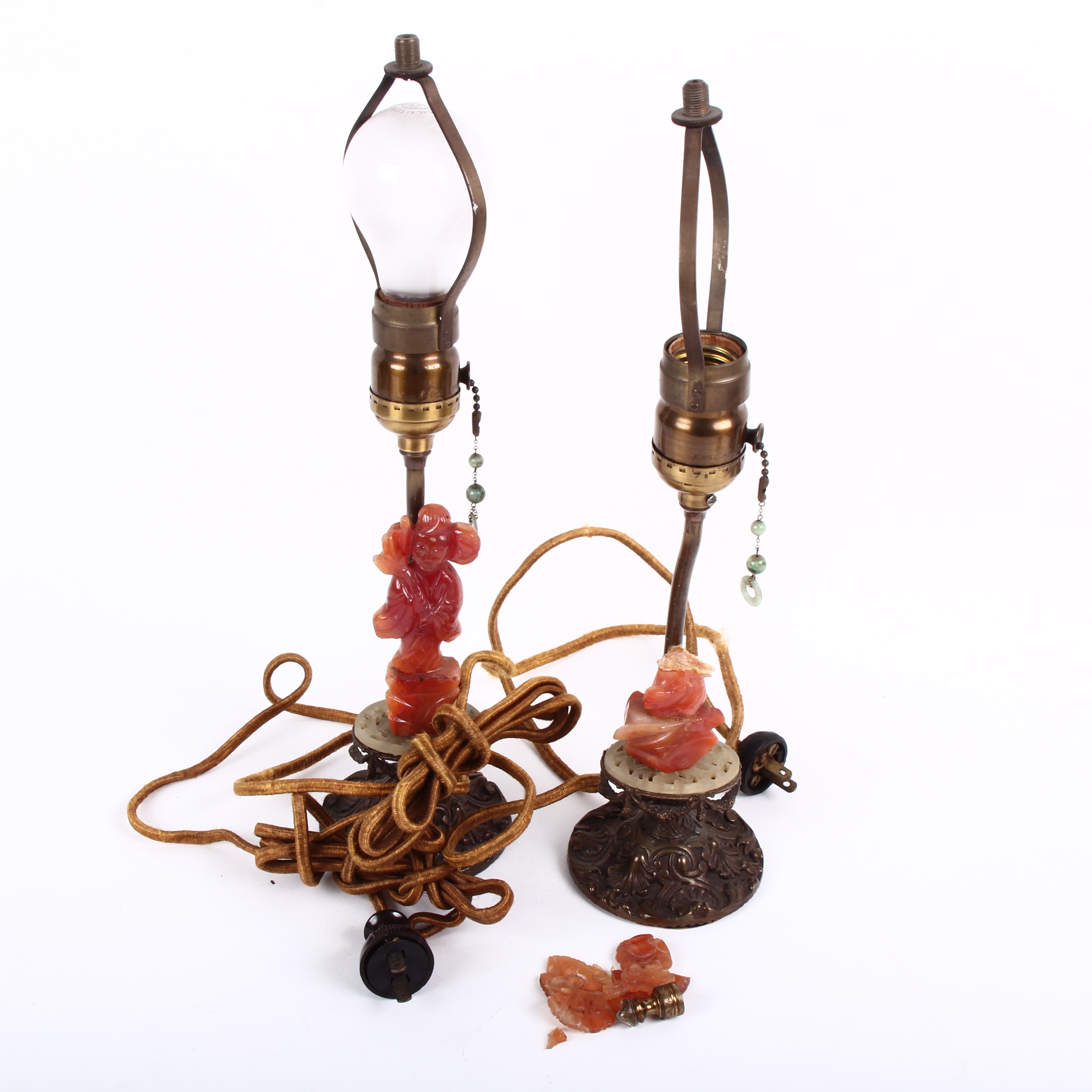 Vintage Chinese Chalcedony, Serpentine, and Nephrite Table Lamps