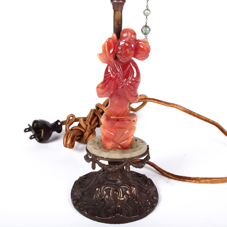 Vintage Chinese Chalcedony, Serpentine, and Nephrite Table Lamps