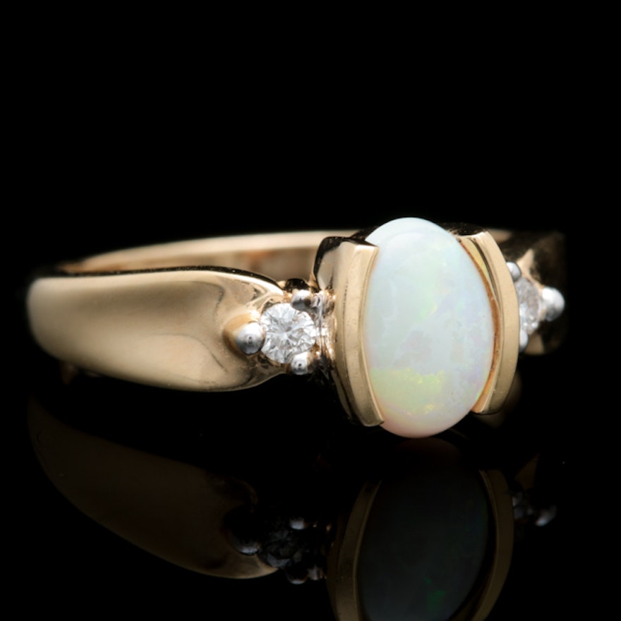 14K Yellow Gold Opal and Diamond Ring