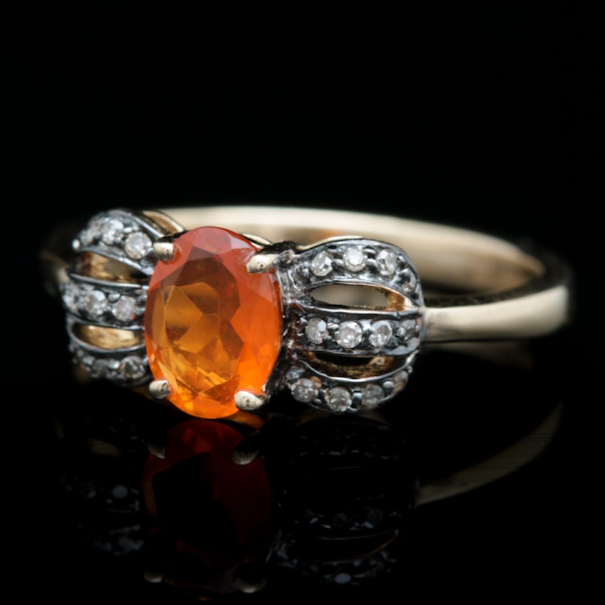 14K Yellow Gold Fire Opal and Brown Diamond Ring