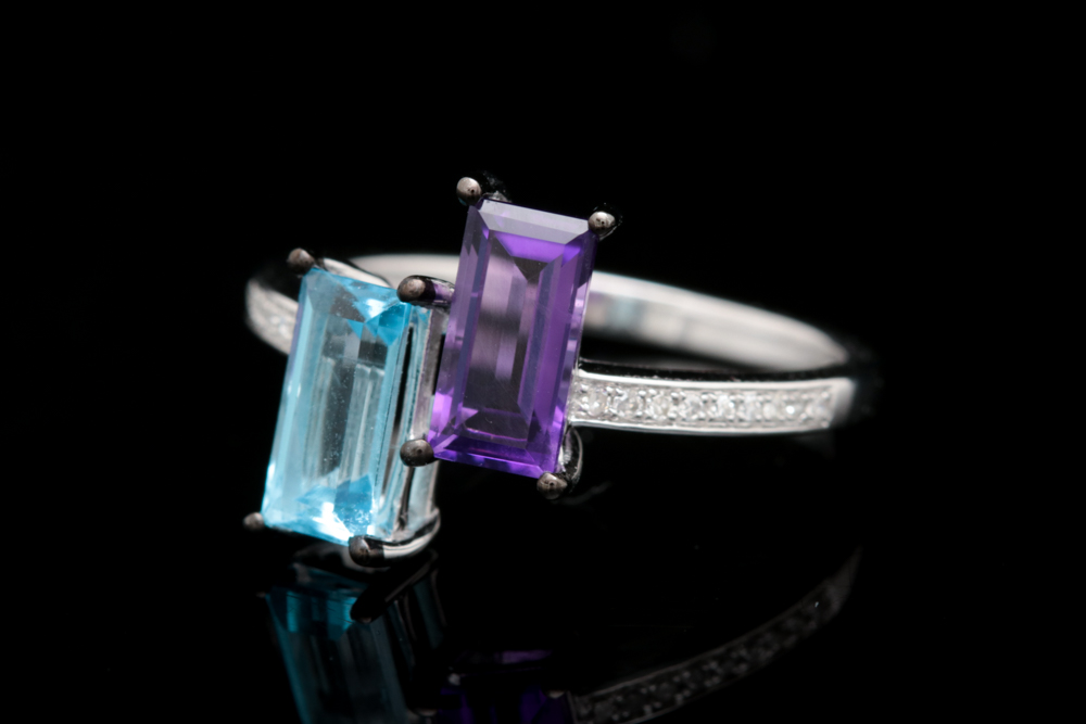 14K White Gold Amethyst, Blue Topaz and Diamond Ring