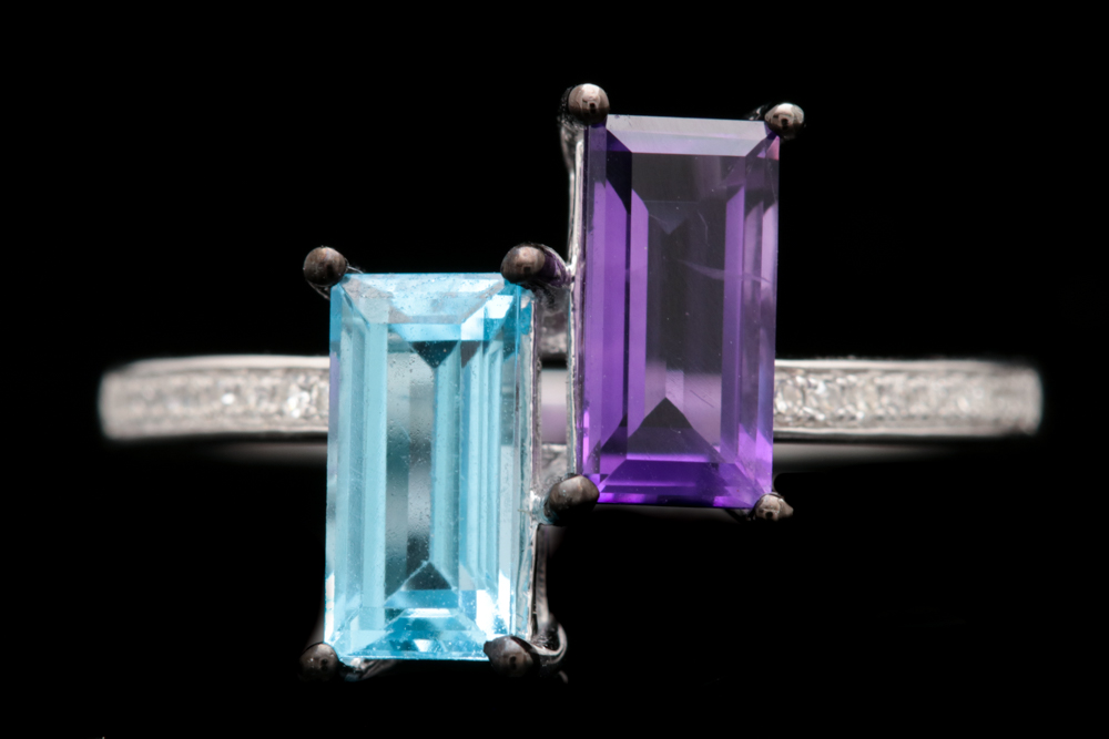 14K White Gold Amethyst, Blue Topaz and Diamond Ring