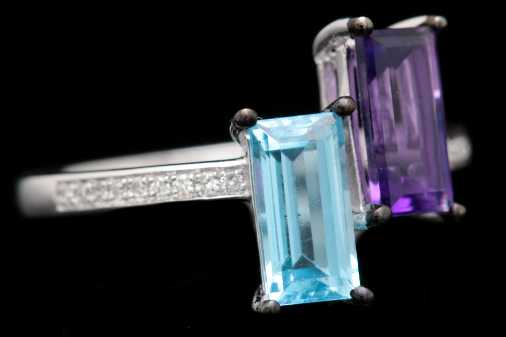 14K White Gold Amethyst, Blue Topaz and Diamond Ring