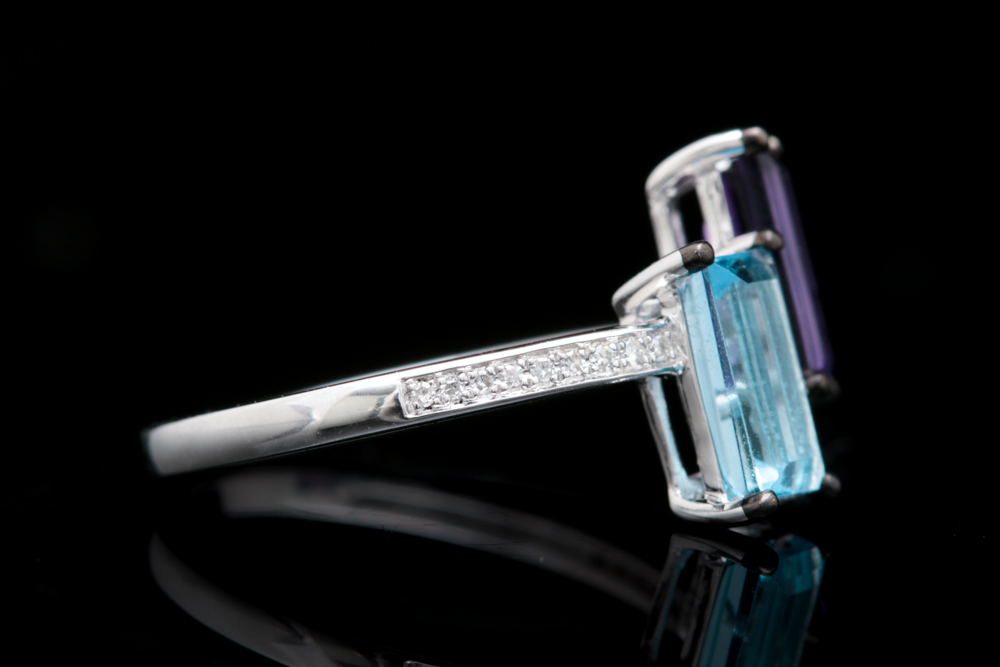 14K White Gold Amethyst, Blue Topaz and Diamond Ring