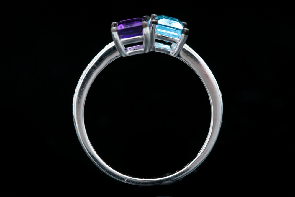 14K White Gold Amethyst, Blue Topaz and Diamond Ring