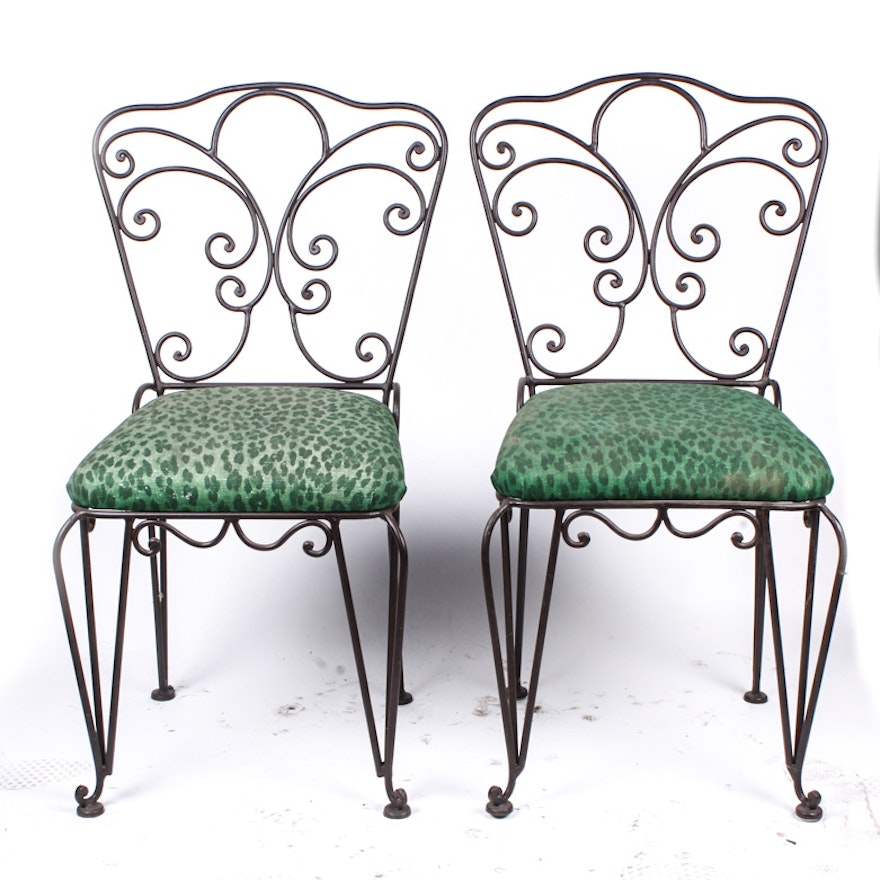 Pair of Scrolled Metal Chairs with Green and Black Cheetah Print Fabric