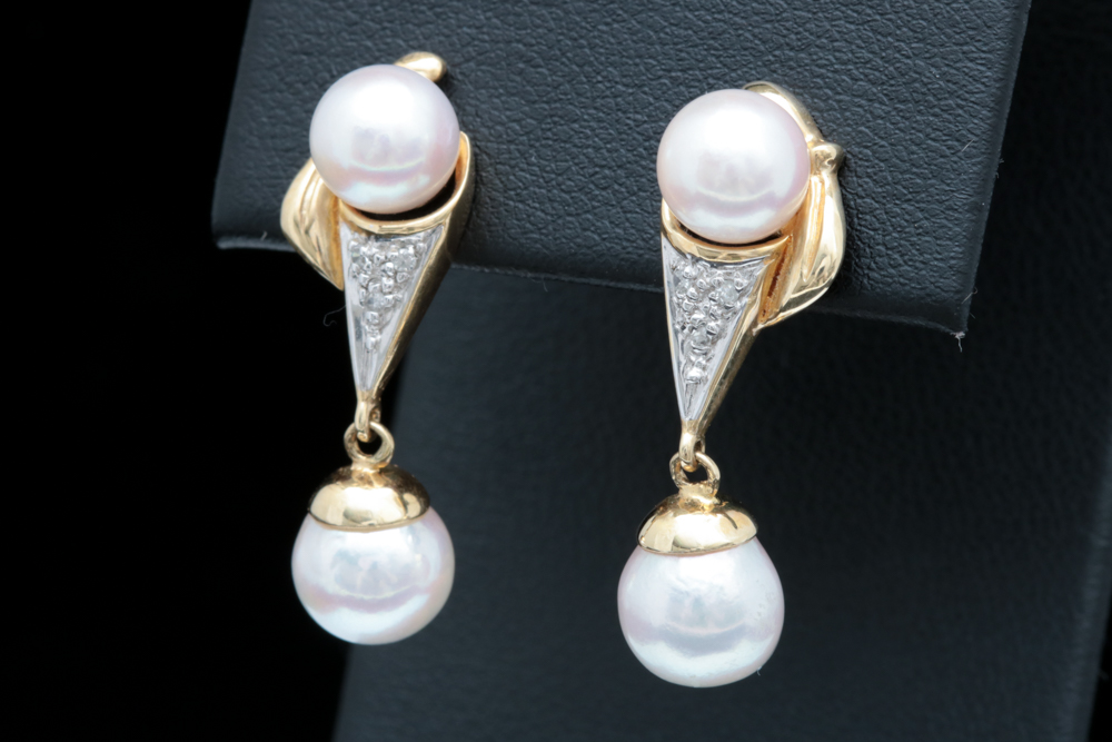 14K Yellow Gold Pearl and Diamond Earrings