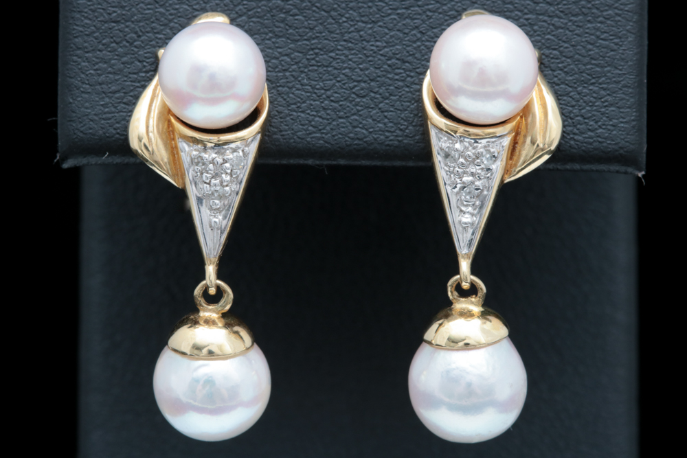 14K Yellow Gold Pearl and Diamond Earrings
