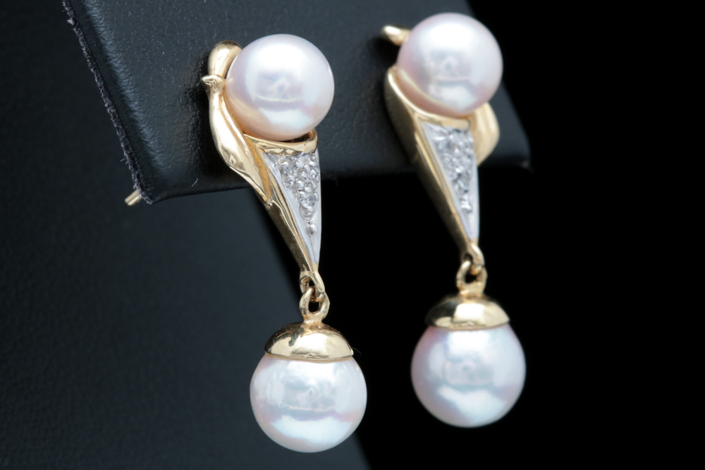 14K Yellow Gold Pearl and Diamond Earrings