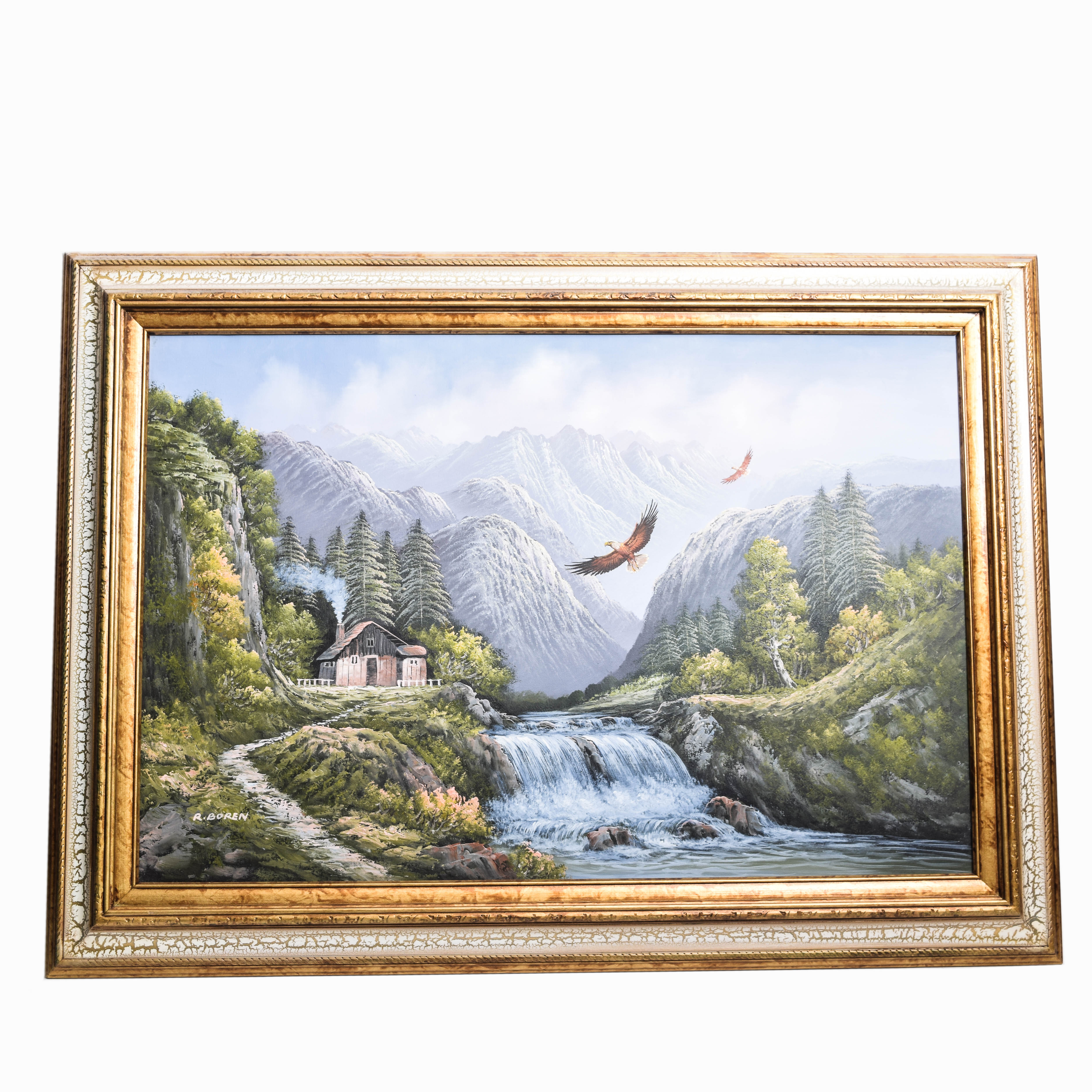 R. Boren Oil Painting on Canvas of a Mountain Landscape