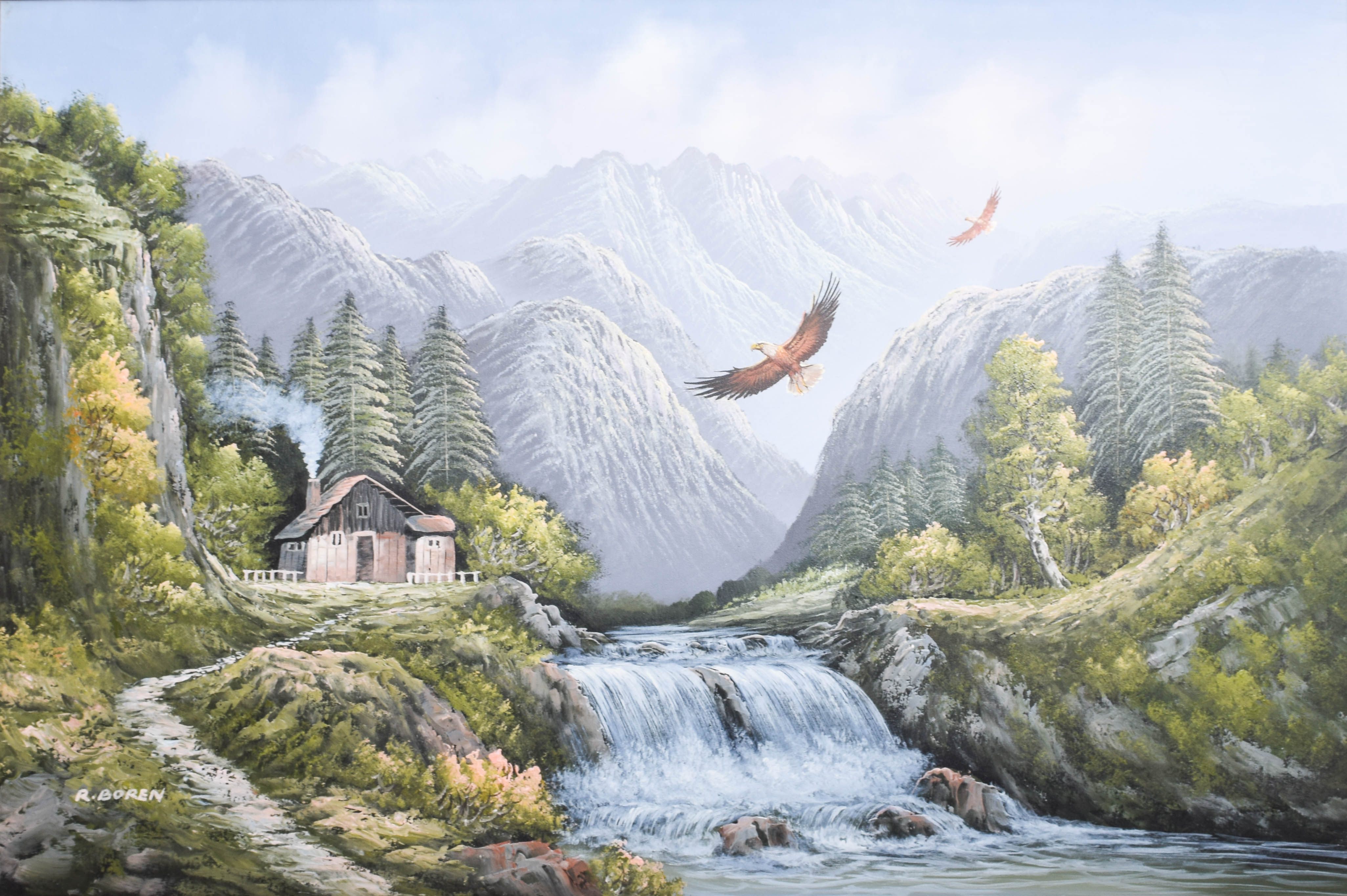 R. Boren Oil Painting on Canvas of a Mountain Landscape