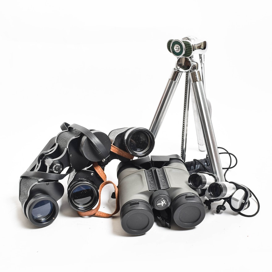 Collection of Vintage Binoculars and Tripod