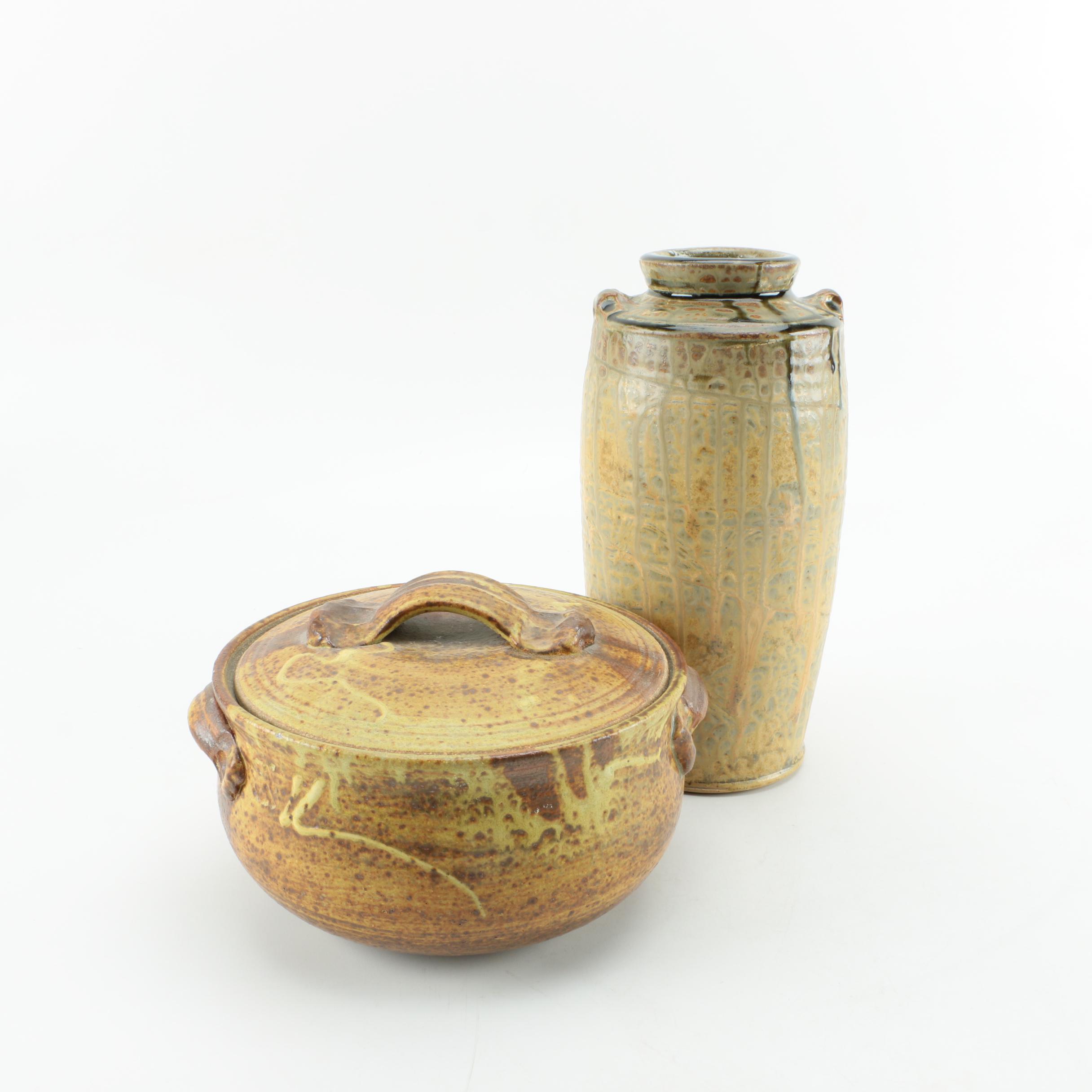 Hand Thrown Stoneware Vase and Lidded Vessel