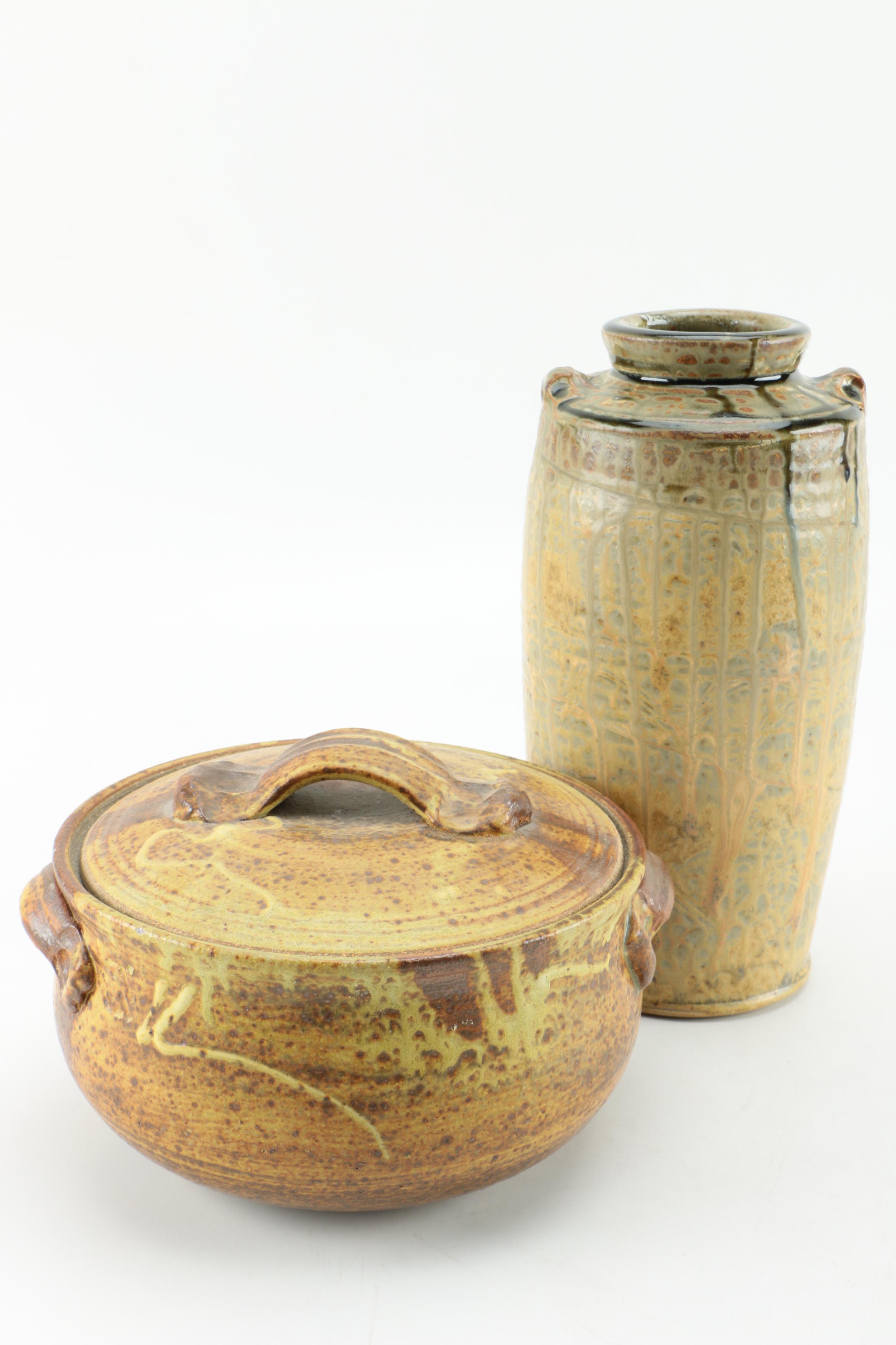 Hand Thrown Stoneware Vase and Lidded Vessel