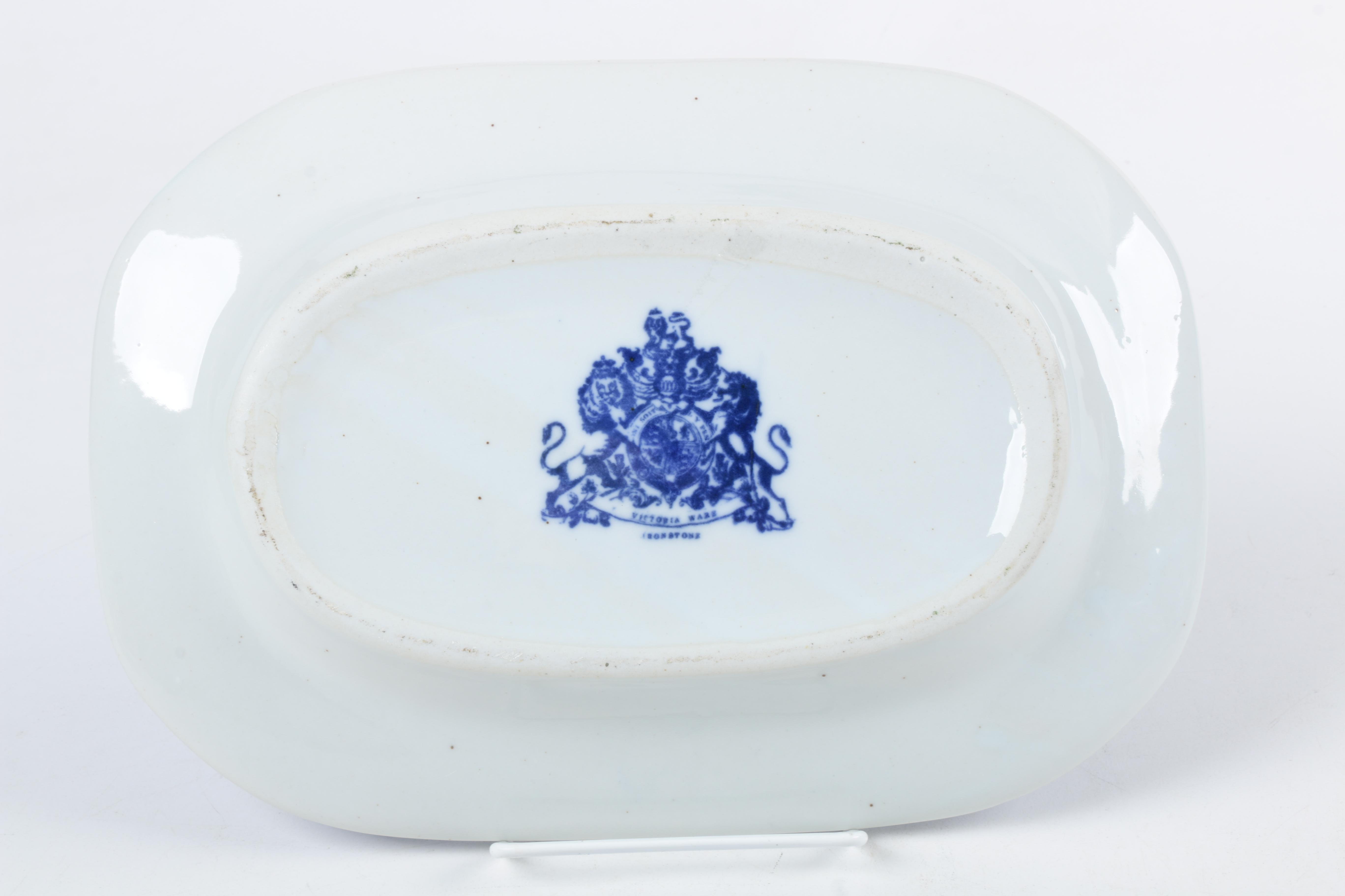 Spode Teapot, Sugar, and Creamer with Blue and White Serving Pieces