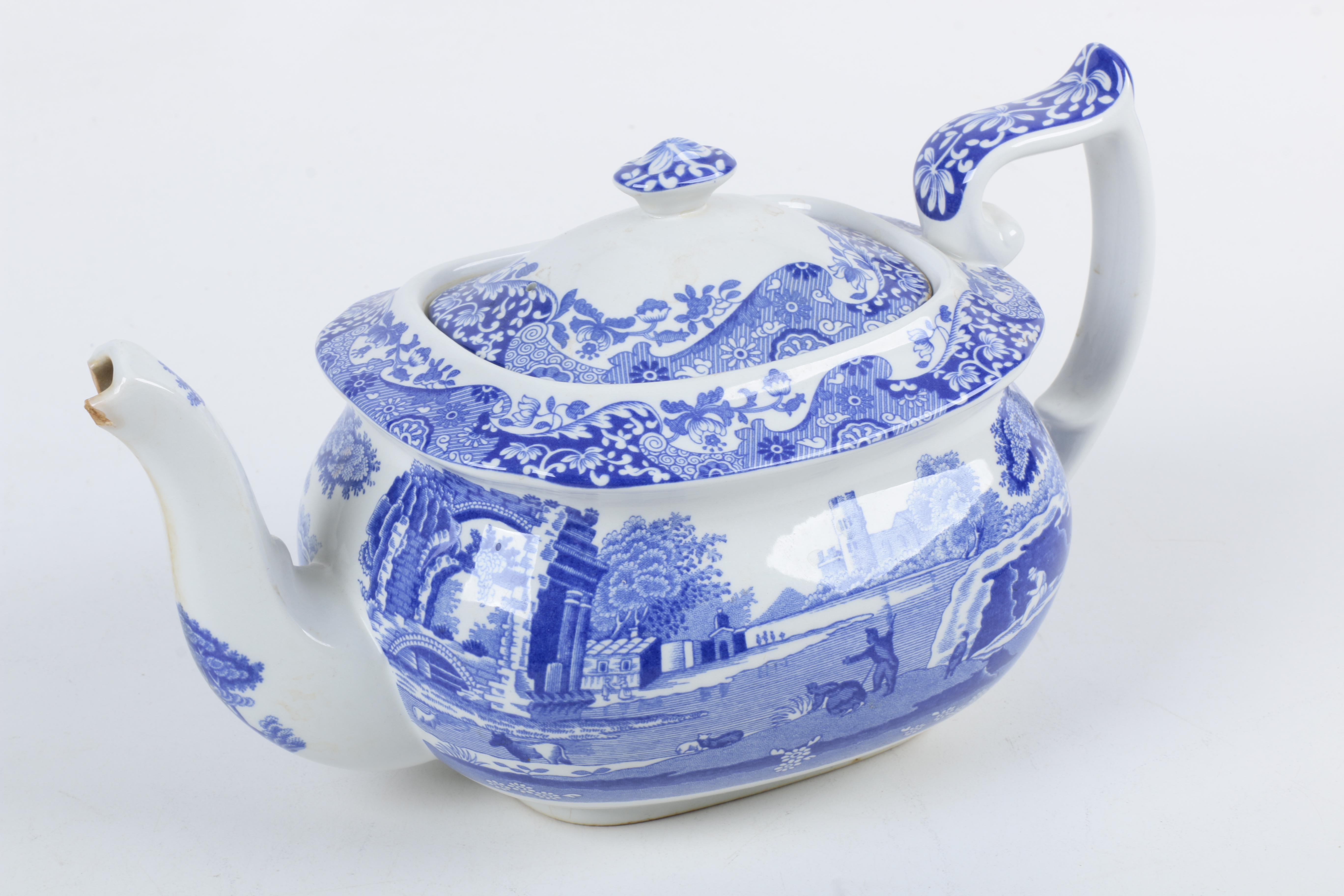 Spode Teapot, Sugar, and Creamer with Blue and White Serving Pieces