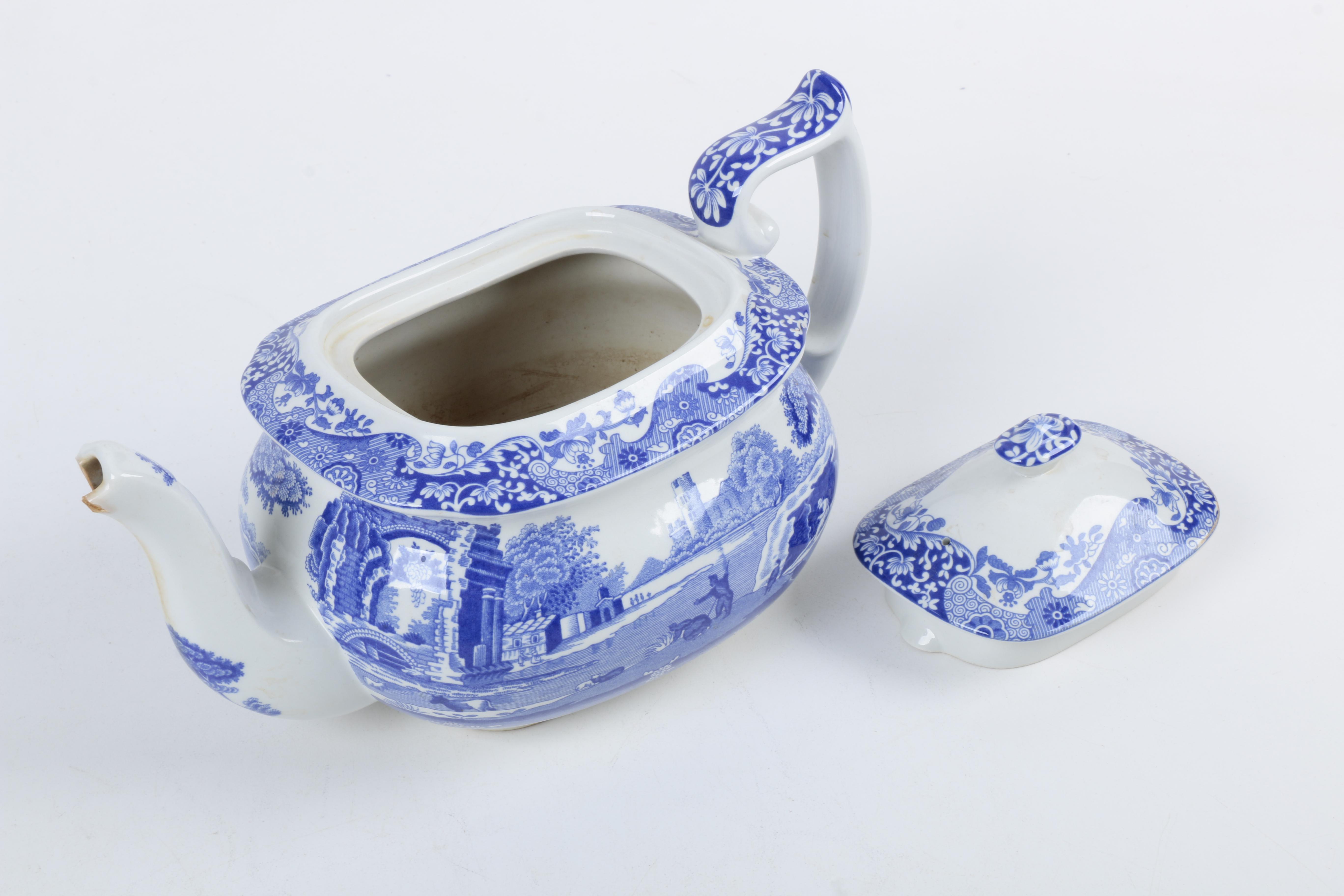Spode Teapot, Sugar, and Creamer with Blue and White Serving Pieces
