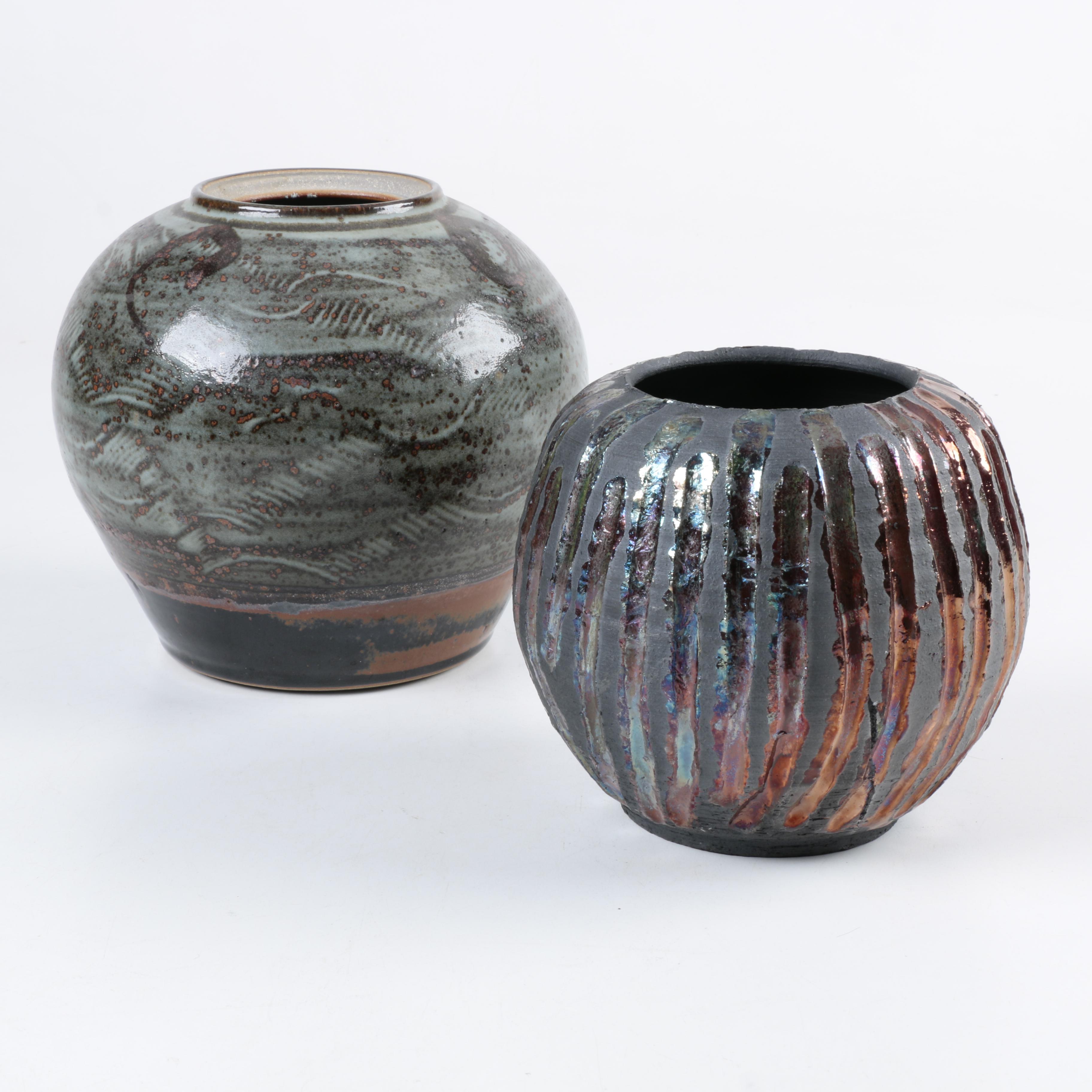 Pair of Signed Hand Thrown Stoneware Vessels