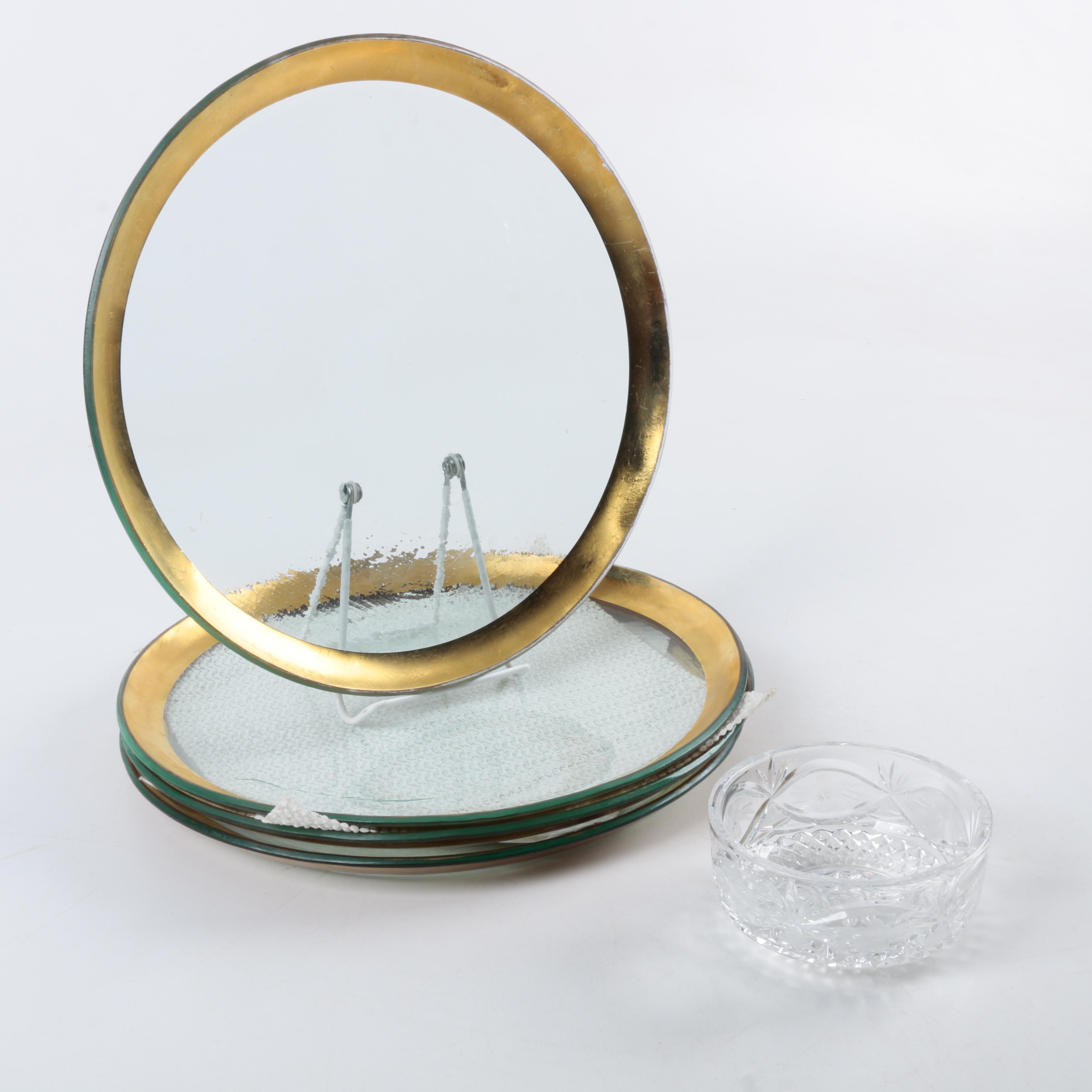 Decorative Gold-Tone Rimmed Glass Plates with Glass Bowl