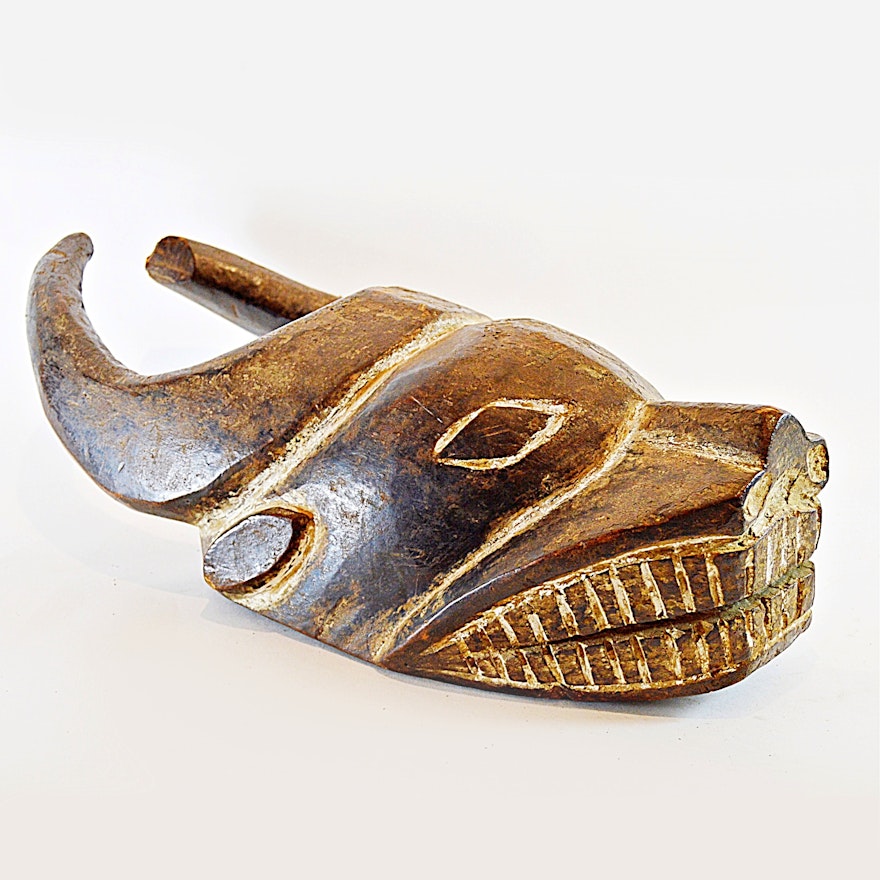 Vintage Cameroonian Douala Carved Wooden Ox Mask