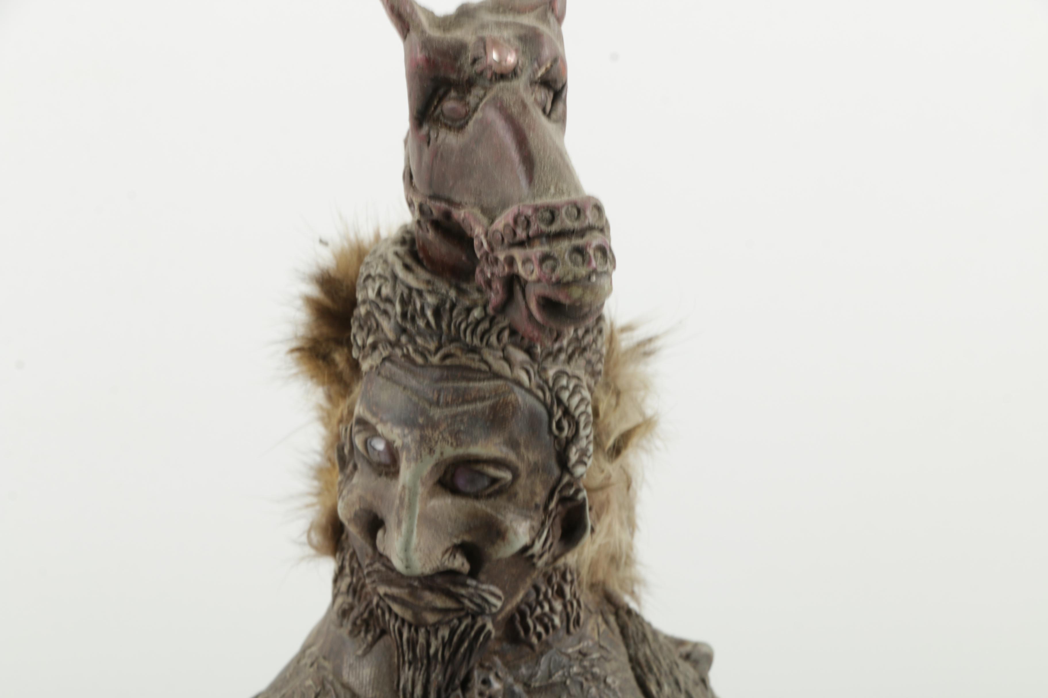 Ceramic Decanter with Mermaids, Flowers, and Faces in Low Relief