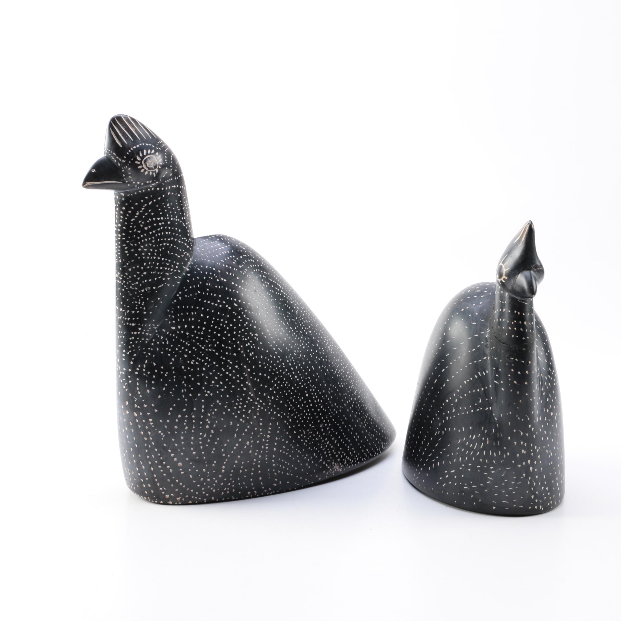 Kenyan Kisii Carved Stone Guinnea Fowl Figures