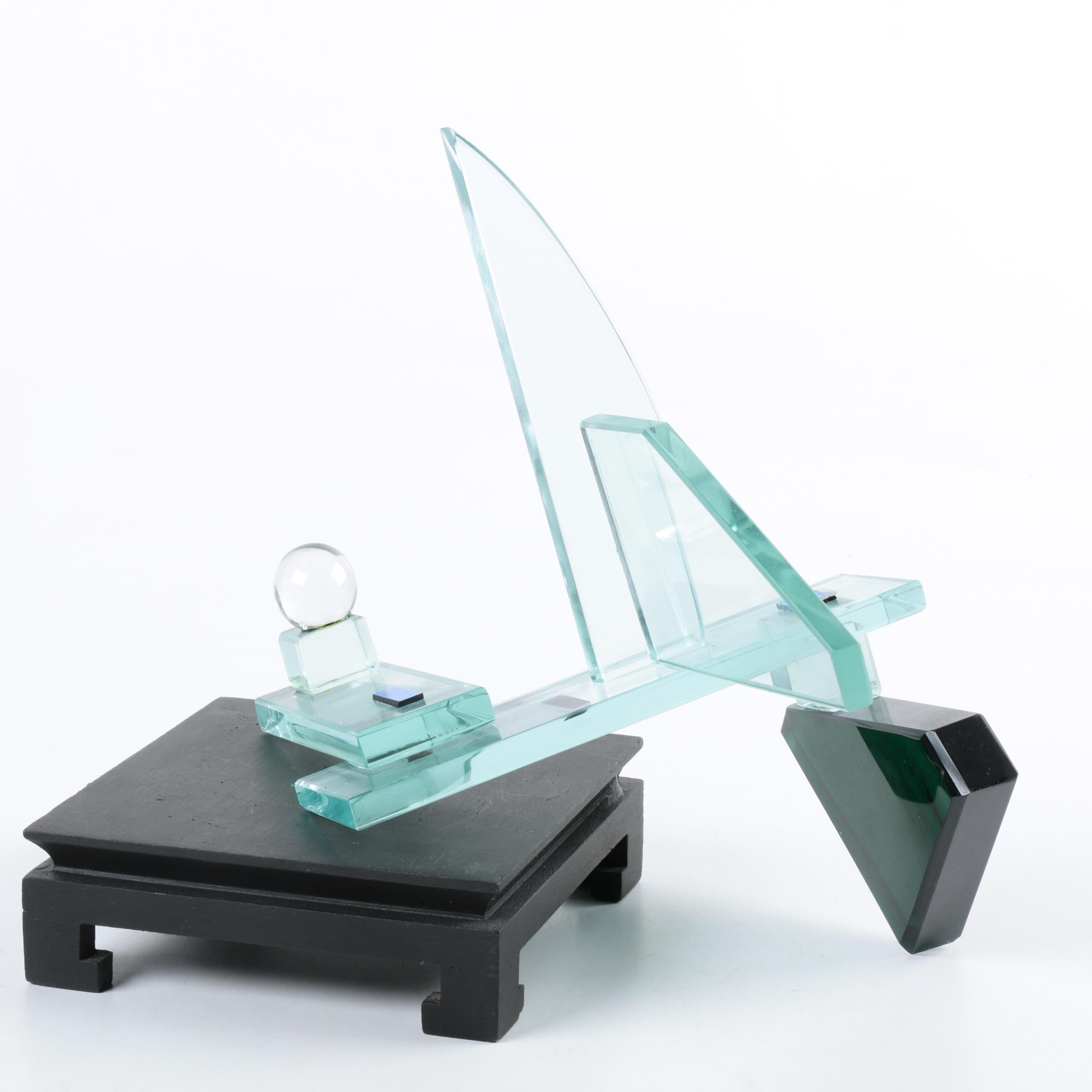 Abstract Glass Sculpture Decor With Wooden Base