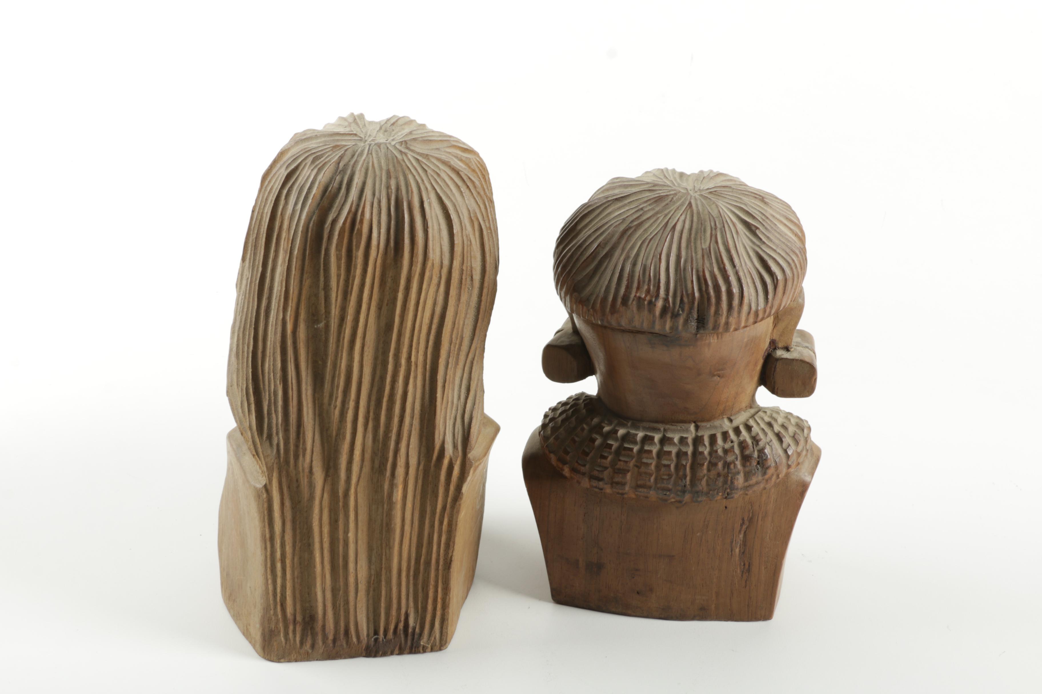 Wooden Tribal Busts of Man and Woman